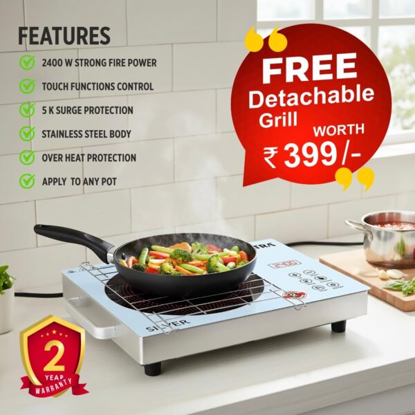 Baltra-2400W-Infrared-Cooktop-Touch-Panel-Silver-BIC-167-Premium-Electric-SS-Cooker-with-Free-Grill-2-year-Manufacturer-Warranty