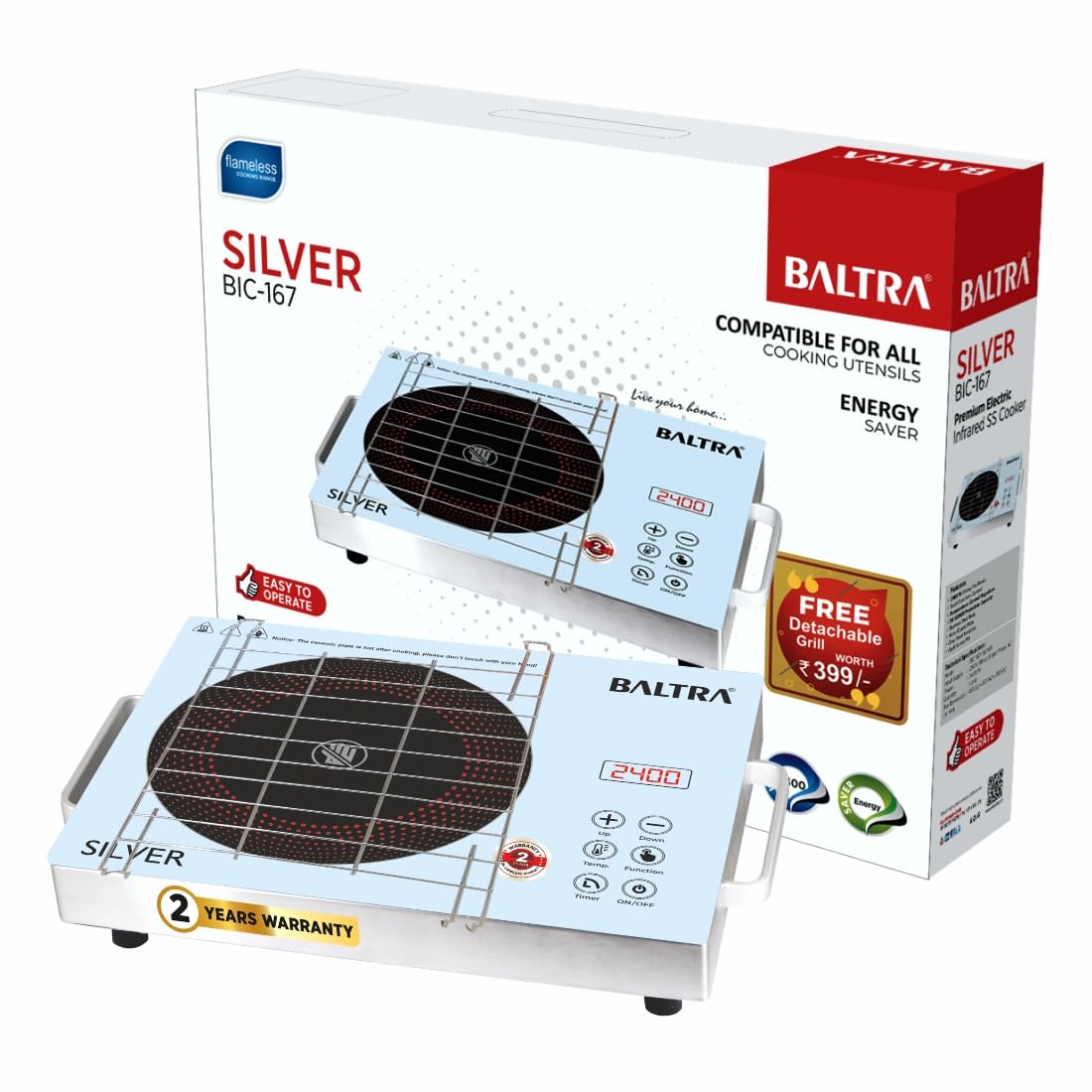 Baltra 2400W Infrared Cooktop Touch Panel Silver BIC-167 Baltra-2400W-Infrared-Cooktop-Touch-Panel-Silver-BIC-167-Premium-Electric-SS-Cooker-with-Free-Grill-2-year-Manufacturer-Warranty